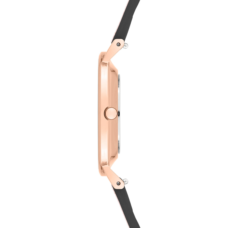 Liebeskind Berlin Armbanduhr mit roségoldenen Indizes, roségoldenem Gehäuse und rosa Echtlederband; Seitenansicht