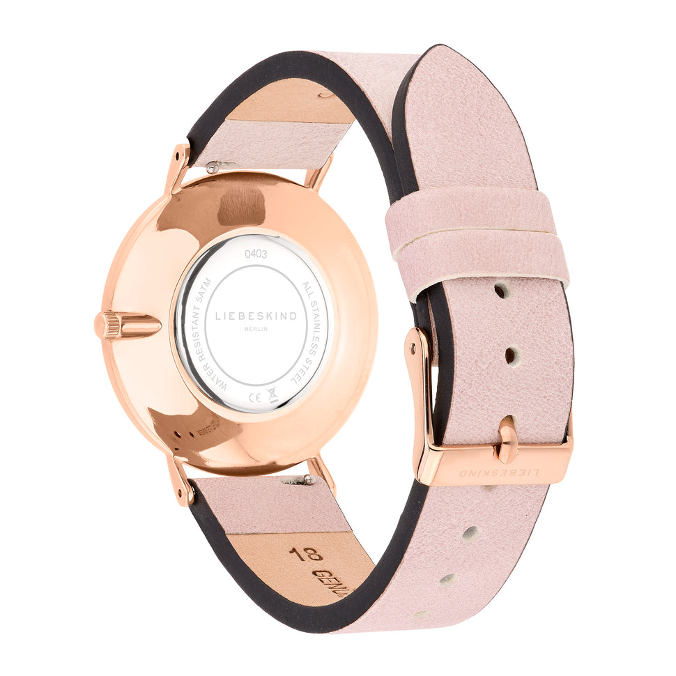 Liebeskind Berlin Armbanduhr mit roségoldenen Indizes, roségoldenem Gehäuse und rosa Echtlederband; Rückansicht