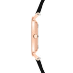 Seitenansicht der LIEBESKIND BERLIN Armbanduhr - The Modern Must-Have von Liebeskind Berlin, einer schlanken roségoldenen Damenuhr mit minimalistischem Design und schwarzem Echtlederarmband.