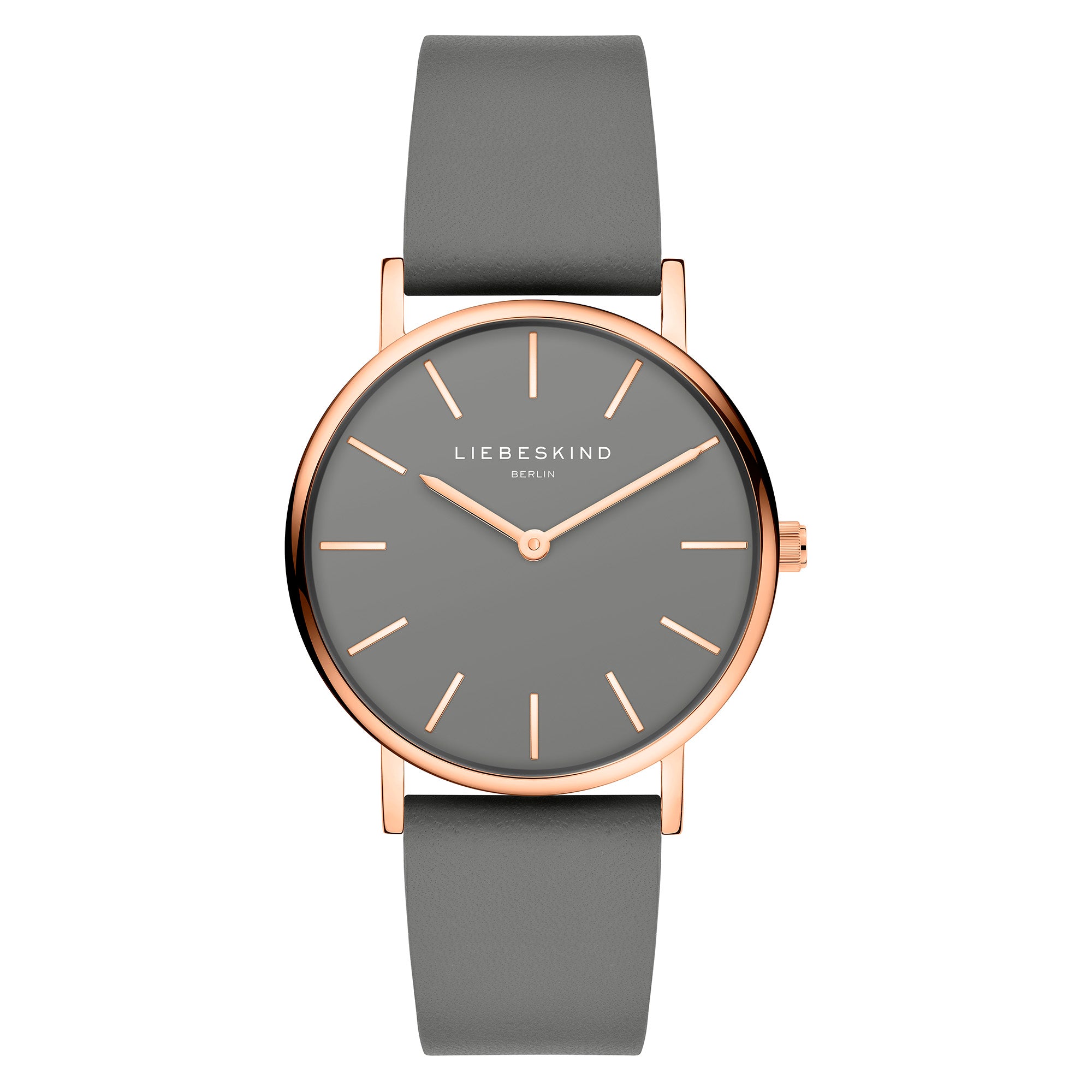 LIEBESKIND BERLIN Armbanduhr - Das moderne Must-Have: Minimalistische graue Uhr mit goldenen Akzenten, Echtleder-Armband und Liebeskind Berlin Logo auf dem Zifferblatt.