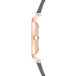 Seitenansicht der LIEBESKIND BERLIN Armbanduhr - The Modern Must-Have von Liebeskind Berlin, mit einem schlanken roségoldenen Gehäuse und einem eleganten schwarzen Echtleder-Armband.