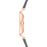 Seitenansicht der LIEBESKIND BERLIN Armbanduhr - The Modern Must-Have von Liebeskind Berlin, mit einem schlanken roségoldenen Gehäuse und einem eleganten schwarzen Echtleder-Armband.