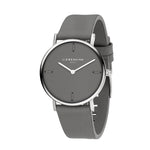 Minimalistische LIEBESKIND BERLIN Armbanduhr - The Leather One mit rundem Zifferblatt, schlichten Stundenmarkierungen und grauem Lederarmband von Liebeskind Berlin - die ideale Damenuhr für stilvolle Looks.