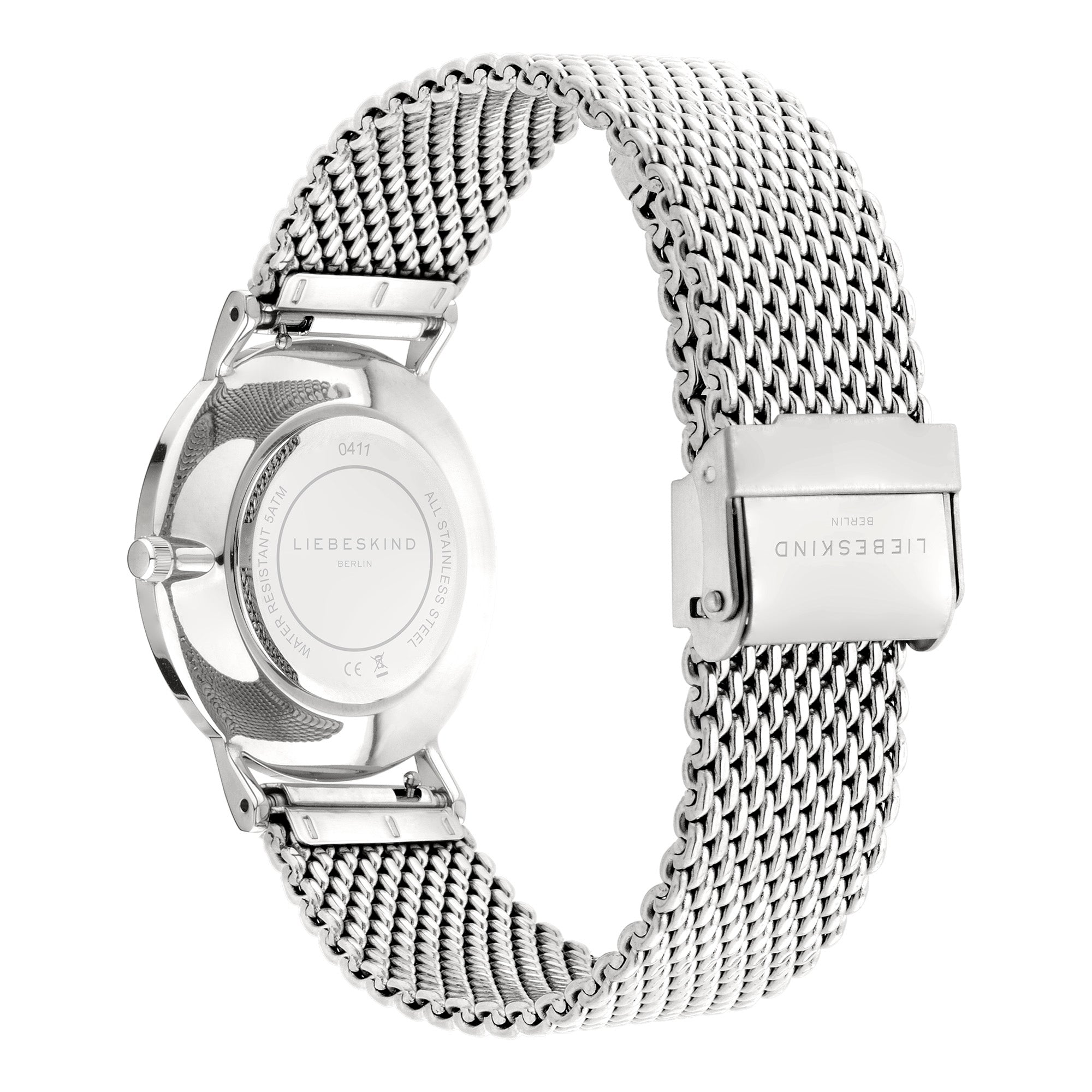 Rückansicht der LIEBESKIND BERLIN Armbanduhr - Color Up mit Meshband-Verschluss der Marke Liebeskind Berlin im minimalistischen skandinavischen Design.