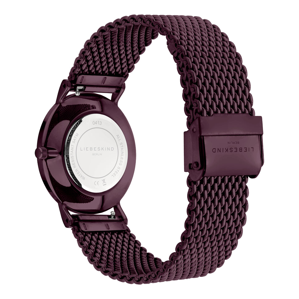 Liebeskind Berlin Armbanduhr mit violettem Zifferblatt, violetten Indizes, violettem Gehäuse und violettem Meshband; Rückansicht