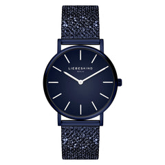 Die LIEBESKIND BERLIN Armbanduhr - Glitter-Special von Liebeskind Berlin ist eine navyblaue, minimalistische Uhr mit einem glitzernden Edelstahl-Meshband.