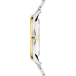 Seitenansicht der schlanken LIEBESKIND BERLIN Armbanduhr - Classic x Trends in Silber und Gold von Liebeskind Berlin, mit Metallarmband, runder Krone und zeitlosem, skandinavisch inspiriertem Design.
