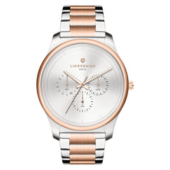 Die LIEBESKIND BERLIN Armbanduhr - Classic x Trends von Liebeskind Berlin hat ein silbernes und roségoldenes Finish, skandinavisches Design, drei Hilfszifferblätter auf einem weißen Zifferblatt und ein Metallgliederband.