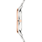 Seitenansicht der schlanken Liebeskind Berlin Armbanduhr - Classic x Trends, im skandinavischen Design mit silber- und roségoldenem Gehäuse und Metallarmband.