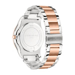 Rückansicht der LIEBESKIND BERLIN Armbanduhr - Classic x Trends von Liebeskind Berlin, mit einem zweifarbigen Metallarmband in Silber und Roségold, das moderne, skandinavisch inspirierte Eleganz zeigt.