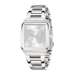 A LIEBESKIND BERLIN Armbanduhr – The Square Minimalist is shown at an angle, featuring a silver Edelstahlgehäuse, square face, minimalist design, and silver hour markers.