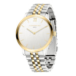 Die Classy von Liebeskind Berlin: Silberne und goldene Damenuhr mit rundem Zifferblatt, die 10:10 anzeigt, und elegantem Edelstahl-Armband.