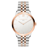 Die LIEBESKIND BERLIN Armbanduhr - The Classy von Liebeskind Berlin verfügt über ein silbernes und roségoldenes Metallgliederband, ein minimalistisches Zifferblatt, ein robustes Edelstahlgehäuse und ein präzises Quarzwerk.