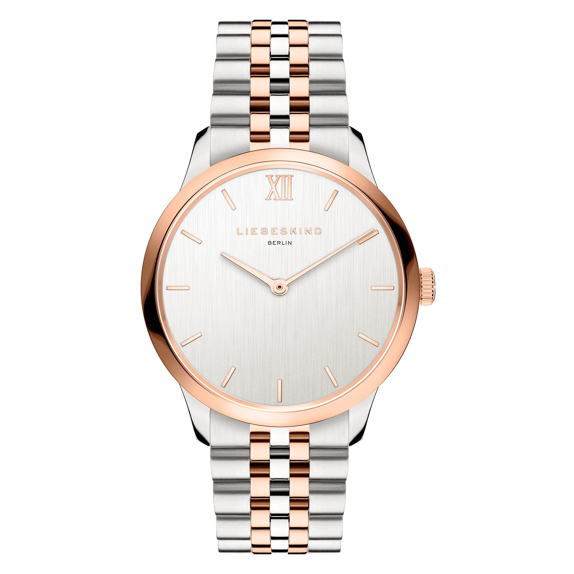 Die LIEBESKIND BERLIN Armbanduhr - The Classy von Liebeskind Berlin verfügt über ein silbernes und roségoldenes Metallgliederband, ein minimalistisches Zifferblatt, ein robustes Edelstahlgehäuse und ein präzises Quarzwerk.