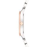 Seitenansicht der LIEBESKIND BERLIN Armbanduhr - The Classy von Liebeskind Berlin mit Quarzwerk, silbernem Band und roségoldener Lünette vor weißem Hintergrund.