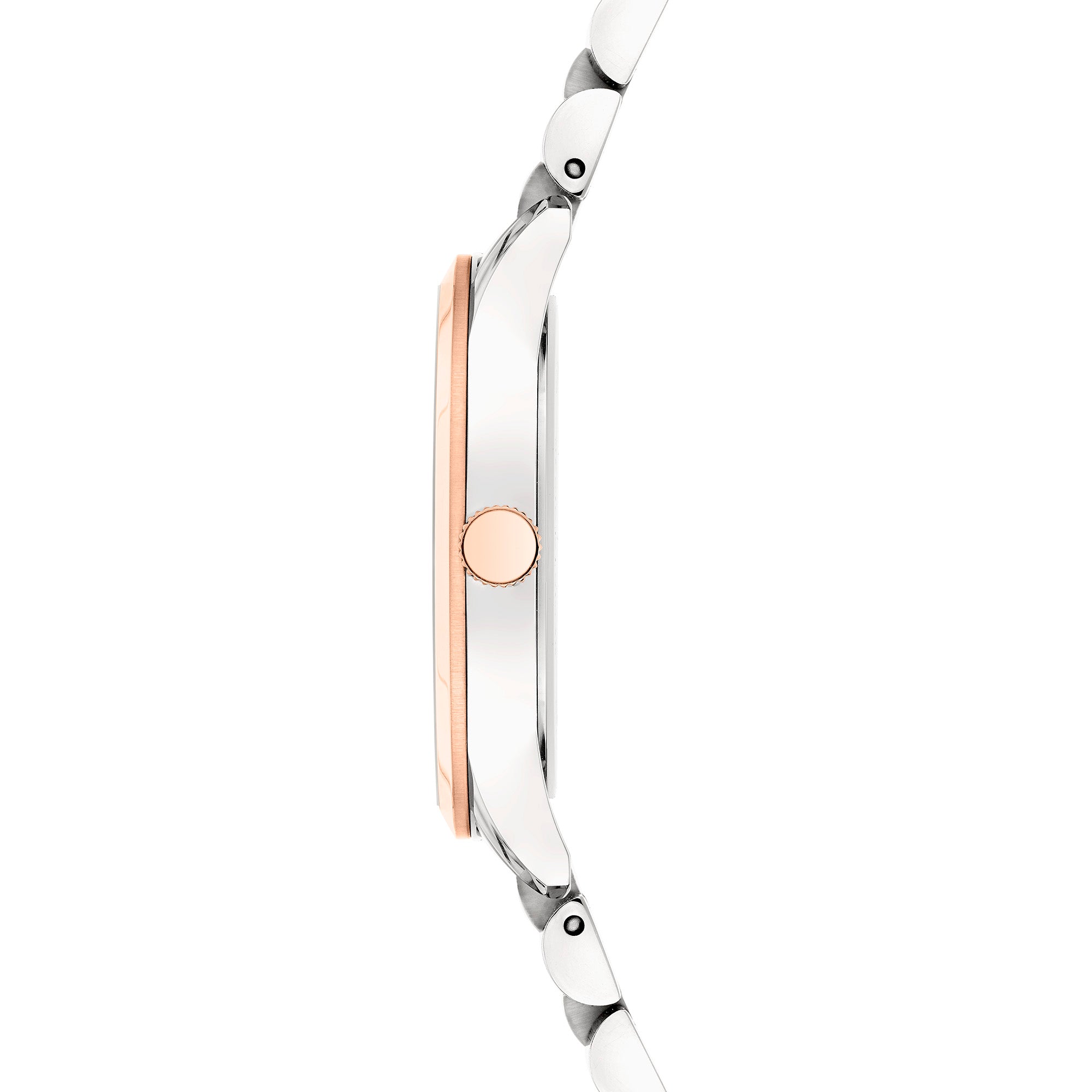 Seitenansicht der LIEBESKIND BERLIN Armbanduhr - The Classy von Liebeskind Berlin mit Quarzwerk, silbernem Band und roségoldener Lünette vor weißem Hintergrund.
