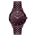 Die LIEBESKIND BERLIN Armbanduhr - The Classy ist eine kastanienbraune Metalluhr mit rundem Zifferblatt, goldenen Indexen, Quarzwerk und Liebeskind Berlin Schriftzug auf dem Zifferblatt.