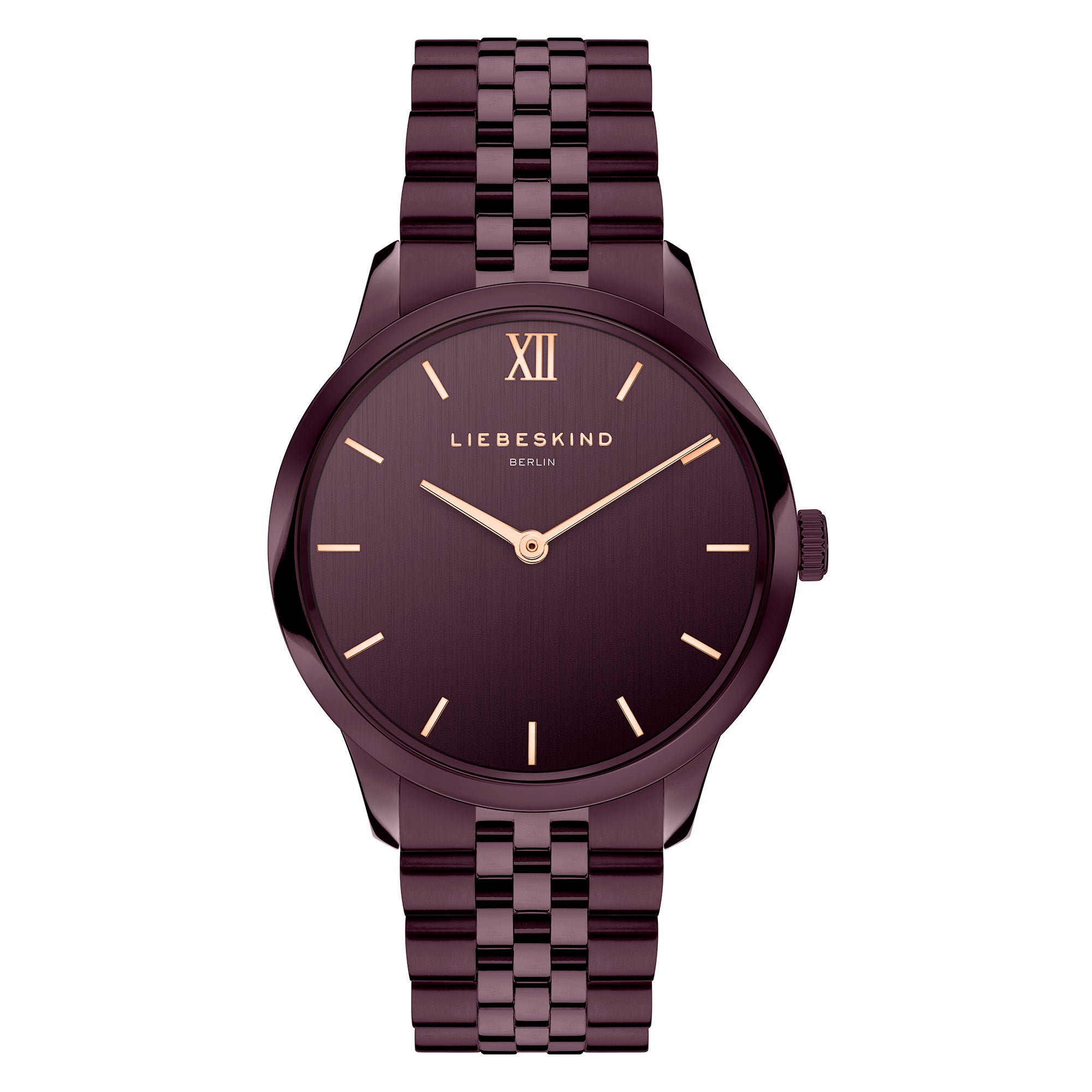 Die LIEBESKIND BERLIN Armbanduhr - The Classy ist eine kastanienbraune Metalluhr mit rundem Zifferblatt, goldenen Indexen, Quarzwerk und Liebeskind Berlin Schriftzug auf dem Zifferblatt.