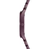 Seitenansicht der schlanken, runden LIEBESKIND BERLIN Armbanduhr - The Classy mit Quarzwerk, dunkelviolettem Zifferblatt, Metallband, sichtbarer Krone und einem eleganten Edelstahlgehäuse von Liebeskind Berlin.