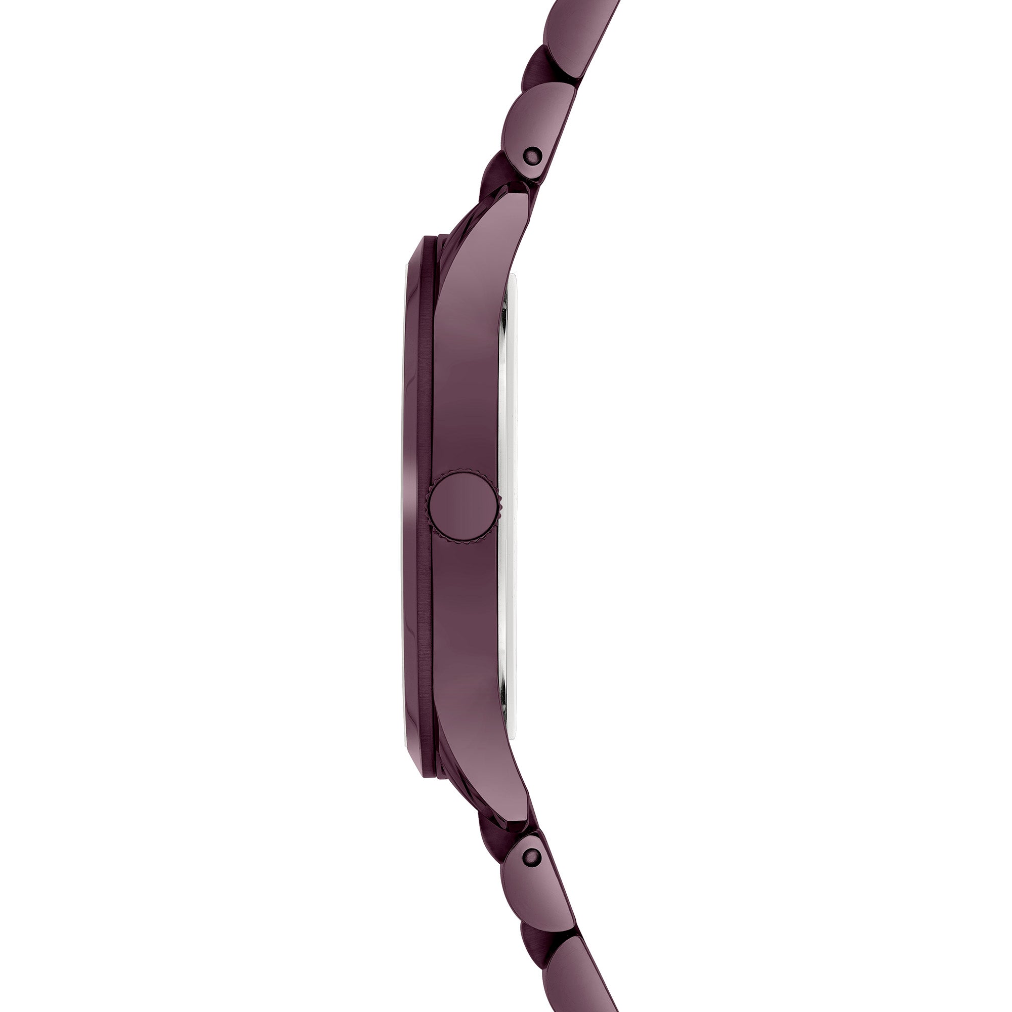 Seitenansicht der schlanken, runden LIEBESKIND BERLIN Armbanduhr - The Classy mit Quarzwerk, dunkelviolettem Zifferblatt, Metallband, sichtbarer Krone und einem eleganten Edelstahlgehäuse von Liebeskind Berlin.