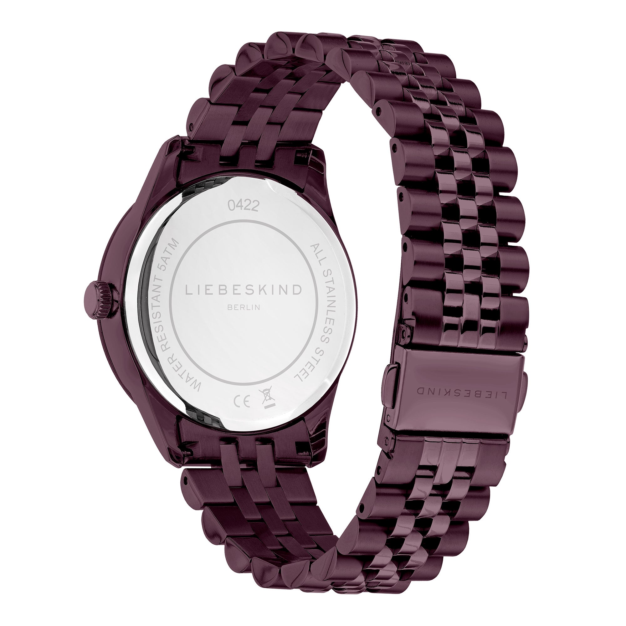 Die LIEBESKIND BERLIN Armbanduhr - The Classy von Liebeskind Berlin hat ein burgunderrotes Metalldesign, ein Gehäuse und einen Boden aus Edelstahl, eine Logoschließe und ein zuverlässiges Quarzwerk.