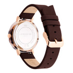 Rückansicht der LIEBESKIND BERLIN Armbanduhr - The Classy Acetat, mit braunem Lederband und eleganter Roségoldschließe.