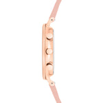 Seitenansicht der roségoldenen LIEBESKIND BERLIN Armbanduhr - The Multi-Function mit rosafarbenem Armband, drei Gehäuseknöpfen und einem eleganten Design für Damen von Liebeskind Berlin.