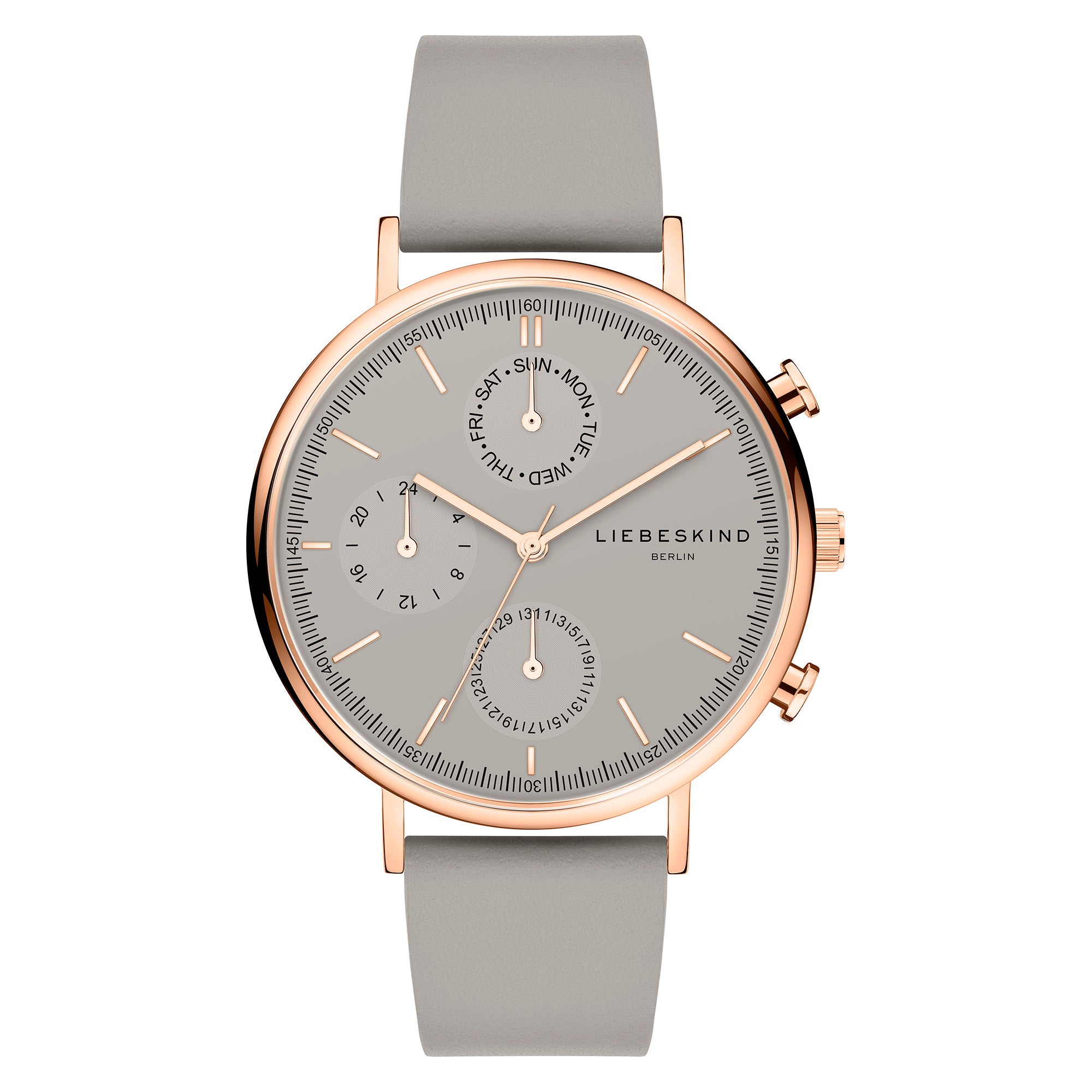 Liebeskind Berlin Armbanduhr mit grauem Zifferblatt mit schwarzem Logoschriftzug und roségoldenen Indizes, Multifunktionswerk, roségoldenem Gehäuse und grauem Lederband; Produktbild