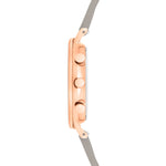 Seitenansicht der LIEBESKIND BERLIN Armbanduhr - The Multi-Function von Liebeskind Berlin, in Roségold mit zwei Drückern und einer Krone, gepaart mit einem grauen Armband - eine elegante Multifunktions-Armbanduhr.