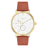Die Liebeskind Berlin Armbanduhr "The Multi-Function" überzeugt mit goldfarbenem Design, weißem Zifferblatt, praktischen Subdials und braunem Lederarmband. Hochwertiges Edelstahlgehäuse verleiht einen zeitlosen Look.