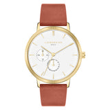 Die Liebeskind Berlin Armbanduhr "The Multi-Function" überzeugt mit goldfarbenem Design, weißem Zifferblatt, praktischen Subdials und braunem Lederarmband. Hochwertiges Edelstahlgehäuse verleiht einen zeitlosen Look.