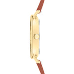 Seitenansicht der LIEBESKIND BERLIN Armbanduhr - The Multi-Function von Liebeskind Berlin, mit goldfarbenem Edelstahlgehäuse, braunem Lederband und Krone auf der rechten Seite.