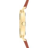 Seitenansicht der LIEBESKIND BERLIN Armbanduhr - The Multi-Function von Liebeskind Berlin, mit goldfarbenem Edelstahlgehäuse, braunem Lederband und Krone auf der rechten Seite.