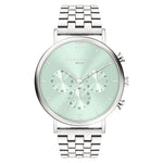 Die LIEBESKIND BERLIN Armbanduhr - Modern Chronograph hat ein silbernes Band, ein mintgrünes Zifferblatt, drei Hilfszifferblätter und silberne Stundenmarkierungen - ein elegantes Highlight von Liebeskind Berlin.