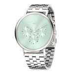 Die LIEBESKIND BERLIN Armbanduhr - Modern Chronograph von Liebeskind Berlin hat ein silbernes Gehäuse, ein mintgrünes Zifferblatt mit drei Hilfszifferblättern und ein schlankes Edelstahlband.