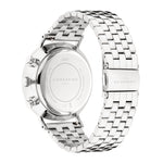 Die LIEBESKIND BERLIN Armbanduhr - Modern Chronograph von Liebeskind Berlin zeigt sich von der Rückseite und hebt das Edelstahlarmband und das detailreiche Metallgehäuse hervor.