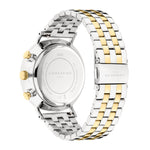 Die LIEBESKIND BERLIN Armbanduhr - Modern Chronograph von Liebeskind Berlin zeigt sich von der Rückseite und besticht durch ihr silber-goldenes Design mit Edelstahlarmband und Schließe.