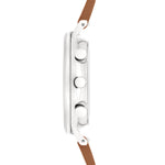 Seitenansicht der LIEBESKIND BERLIN Armbanduhr -Der Chronograph von Liebeskind Berlin, mit silbernem Gehäuse, zwei Drückern, Krone und braunem Lederband.