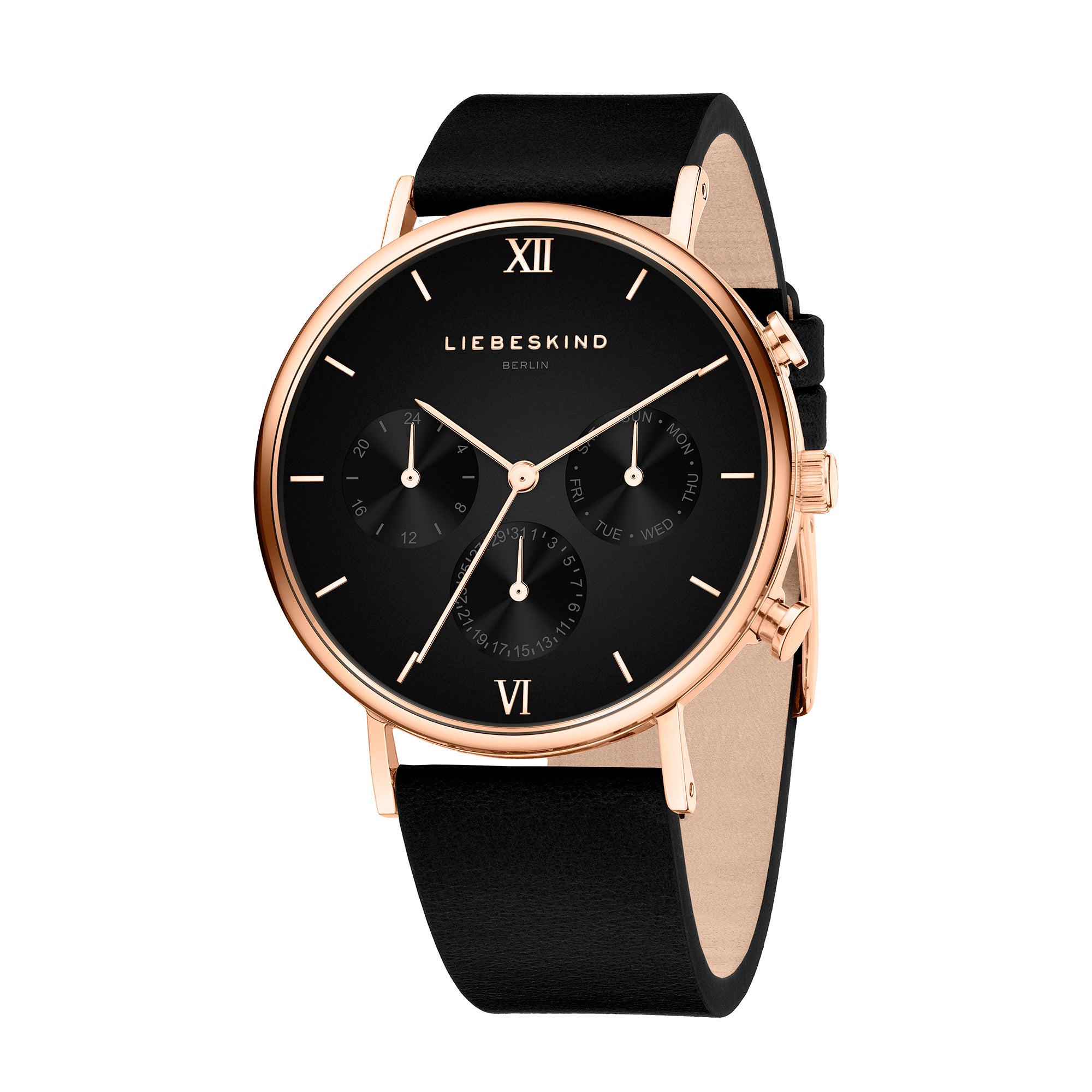 Die LIEBESKIND BERLIN Armbanduhr -The Chronograph ist eine schwarz-goldene Armbanduhr von Liebeskind Berlin mit einem Lederarmband und drei Ziffernblättern auf dem Zifferblatt.
