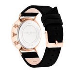 Rückansicht der Liebeskind Berlin Armbanduhr - The Chronograph, mit schwarzem Lederarmband, roségoldenem Gehäuse und raffinierten Chronographen-Details.