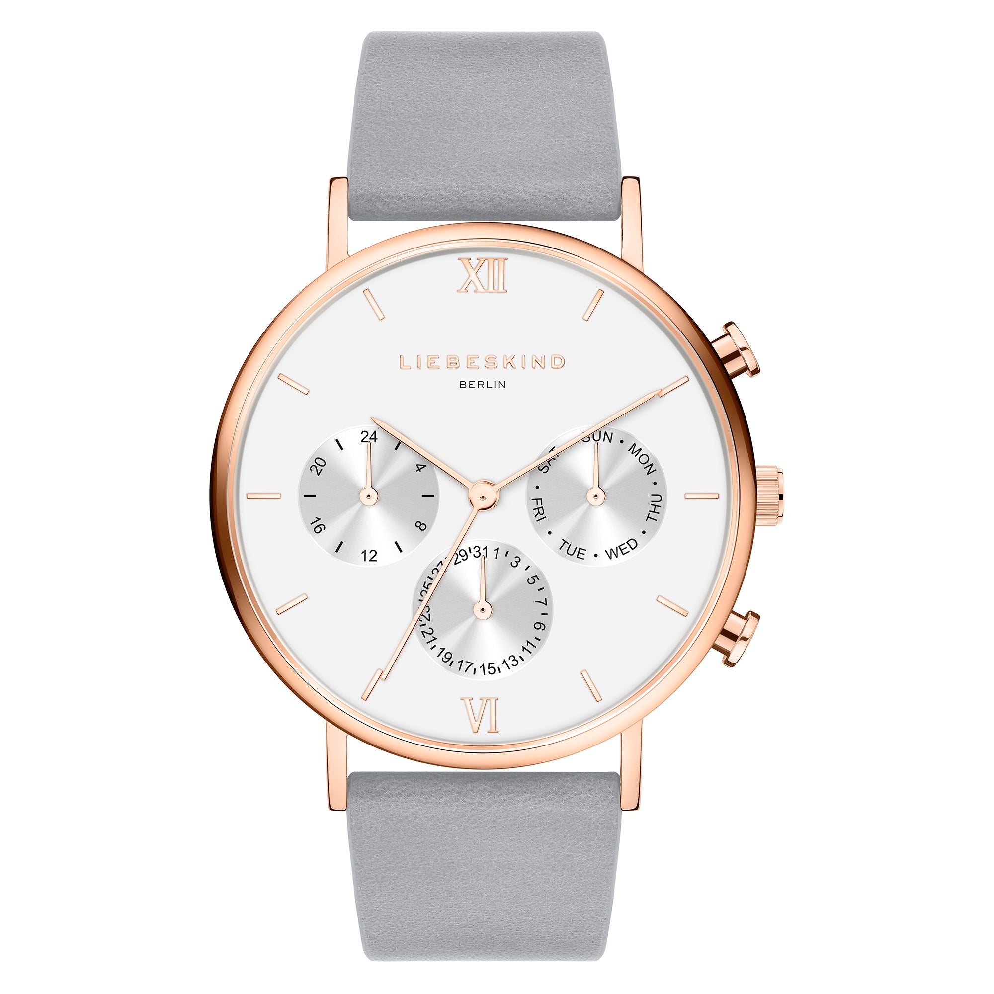 Die LIEBESKIND BERLIN Armbanduhr -The Chronograph ist eine roségoldene und weiße Uhr von Liebeskind Berlin mit einem grauen Lederarmband und drei Hilfszifferblättern.