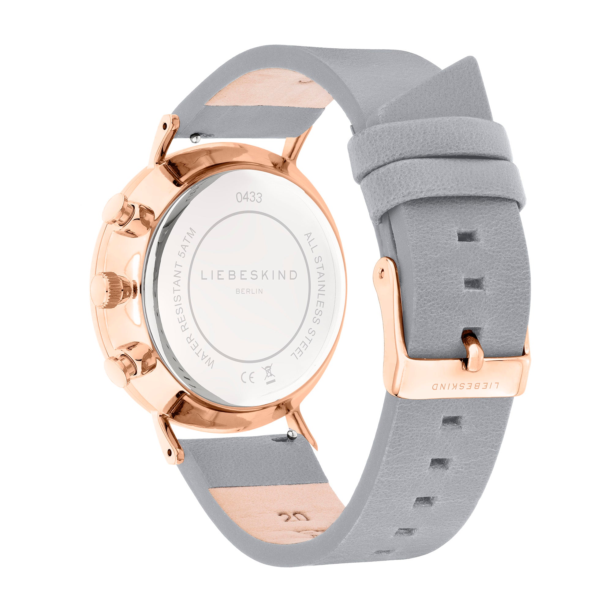 Rückansicht der LIEBESKIND BERLIN Armbanduhr -The Chronograph von Liebeskind Berlin, mit grauem Lederarmband und roségoldenen Akzenten für eine moderne Variante des klassischen Edelstahlarmbands.