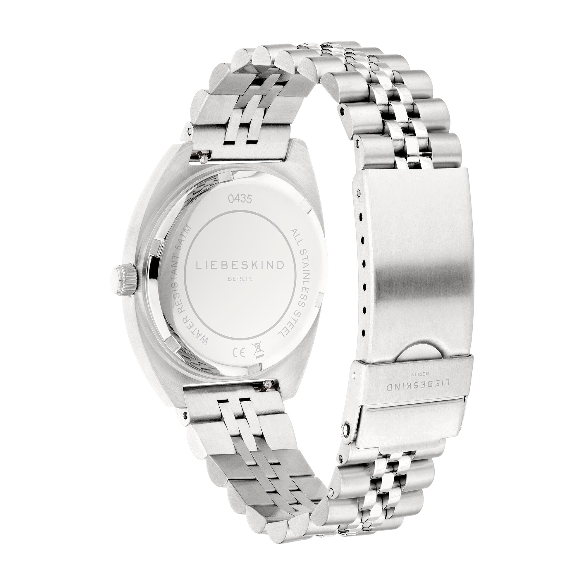 Die LIEBESKIND BERLIN Armbanduhr - Das farbenfrohe klassische Must-Have, hier von hinten, besticht durch das Damenuhr Edelstahlband und die sichere Schließe.