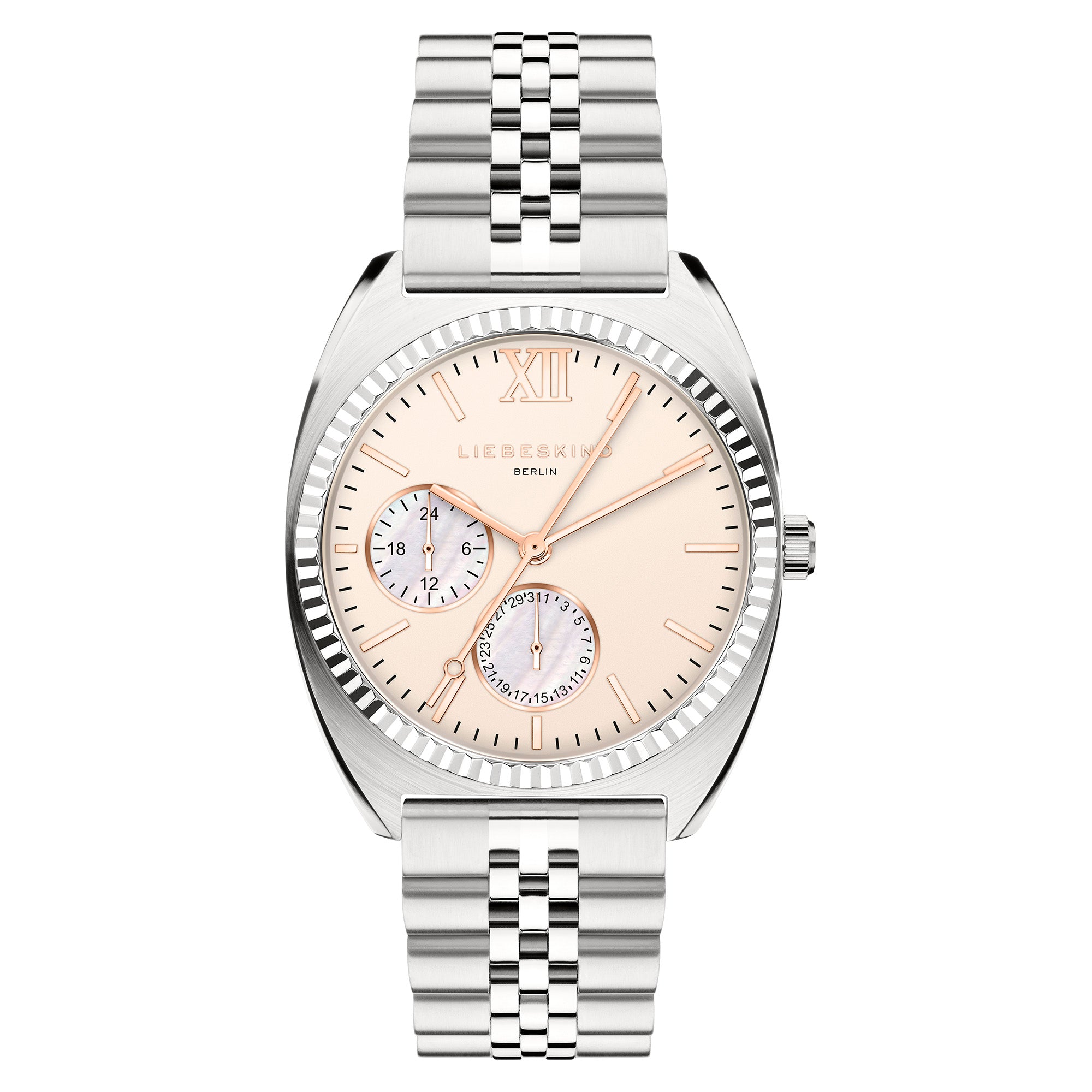 Die LIEBESKIND BERLIN Armbanduhr - The Colorful Multifunction von Liebeskind Berlin hat ein silbernes Gehäuse, ein rosafarbenes Zifferblatt mit zwei Hilfszifferblättern und ein schlankes Edelstahlarmband - ideal für den eleganten Alltag.