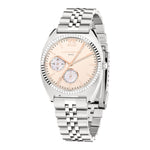 Die LIEBESKIND BERLIN Armbanduhr - The Colorful Multifunction von Liebeskind Berlin hat ein silbernes Metallband, ein roségoldenes Zifferblatt mit drei Hilfszifferblättern und verkörpert moderne Eleganz.