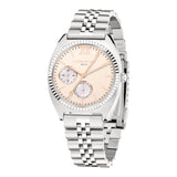 Die LIEBESKIND BERLIN Armbanduhr - The Colorful Multifunction von Liebeskind Berlin hat ein silbernes Metallband, ein roségoldenes Zifferblatt mit drei Hilfszifferblättern und verkörpert moderne Eleganz.