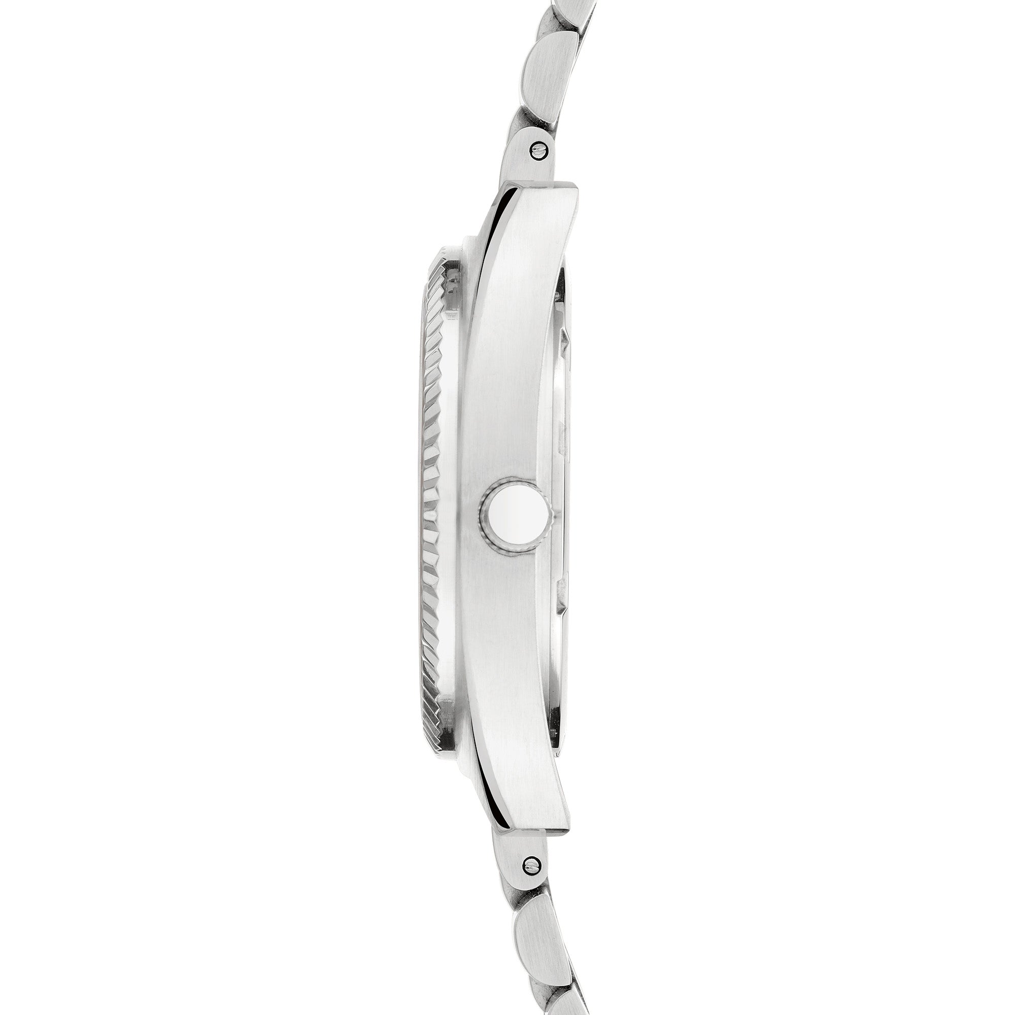 Seitenansicht der LIEBESKIND BERLIN Armbanduhr - The Colorful Multifunction von Liebeskind Berlin, mit einem silbernen Edelstahlband und einem gebürsteten Metallgehäuse mit hervorgehobener Krone.
