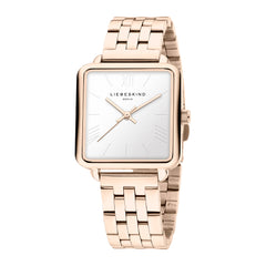 Rechteckige roségoldene LIEBESKIND BERLIN Armbanduhr - The Classic Square mit silbernem Zifferblatt und gekoppeltem Metallband, im skandinavischen Design von Liebeskind Berlin.