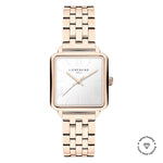 Die LIEBESKIND BERLIN Armbanduhr - The Classic Square besticht mit quadratischem Gehäuse, roségoldenem Metallarmband und Liebeskind Berlin Logo auf dem weißen Zifferblatt - ein Klassiker skandinavischen Designs.