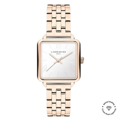 Die LIEBESKIND BERLIN Armbanduhr - The Classic Square besticht mit quadratischem Gehäuse, roségoldenem Metallarmband und Liebeskind Berlin Logo auf dem weißen Zifferblatt - ein Klassiker skandinavischen Designs.